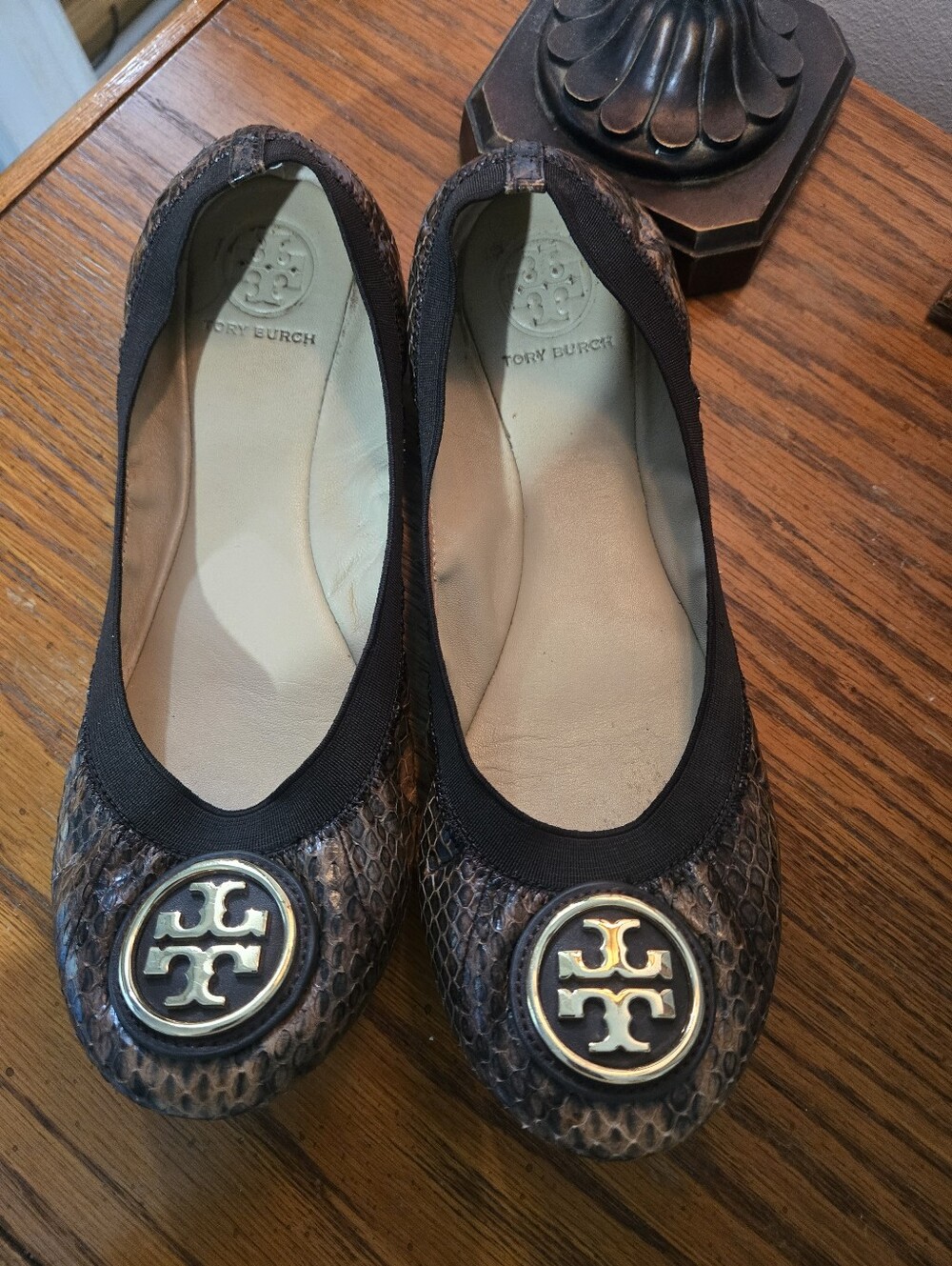 Tory Burch Brown Snakeskin Logo Ballet Flats with Gold Emblem